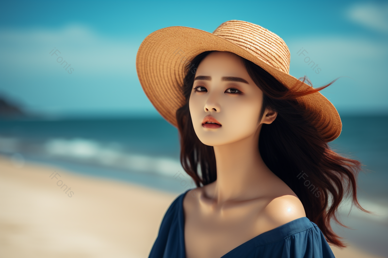 戴着草帽漫步沙滩的女人,高清,摄影图,摄影图片,图片大全,摄影图免费下载